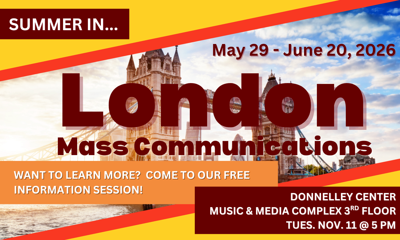 Poster for info session with text about the event's day and time overlaid against a photo of the London bridge. Text is in bright orange and maroon text boxes atop the picture.